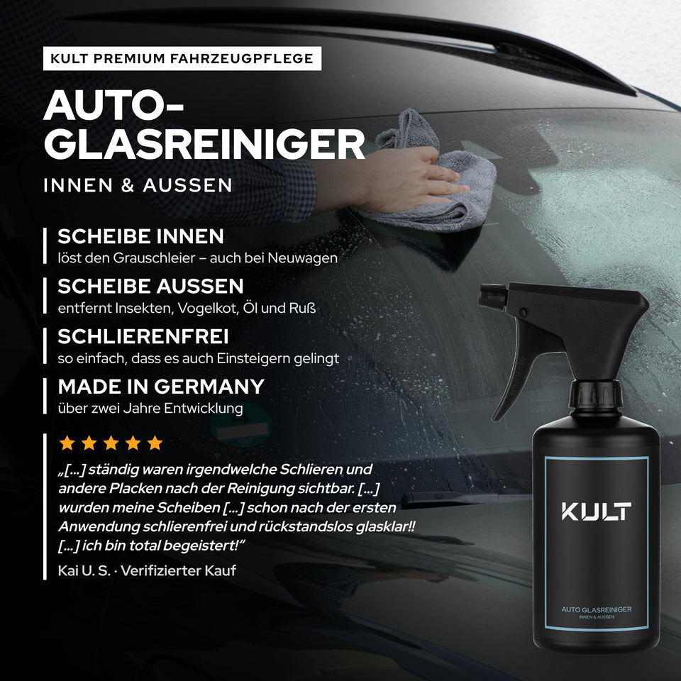 Grafik zum KULT Auto Glasreiniger innen und außen mit den Eigenschaften Scheibe innen, Scheibe außen, schlierenfrei und Made in Germany, daneben die 500-ml-Sprühflasche und ein Kundenzitat