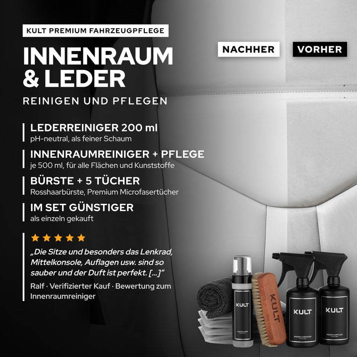 KULT Innenraum + Leder Set: Lederreiniger, Innenraumreiniger, Innenraumpflege, Rosshaarbürste und 5 Microfasertücher