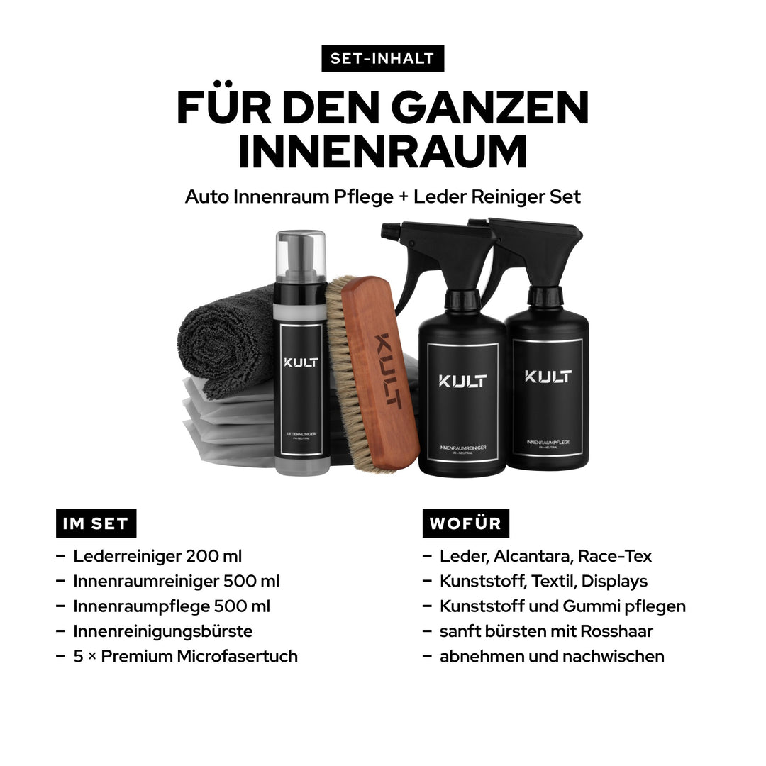Inhalt KULT Innenraum + Leder Set: Lederreiniger 200 ml, Innenraumreiniger, Innenraumpflege, Bürste, 5 Microfasertücher