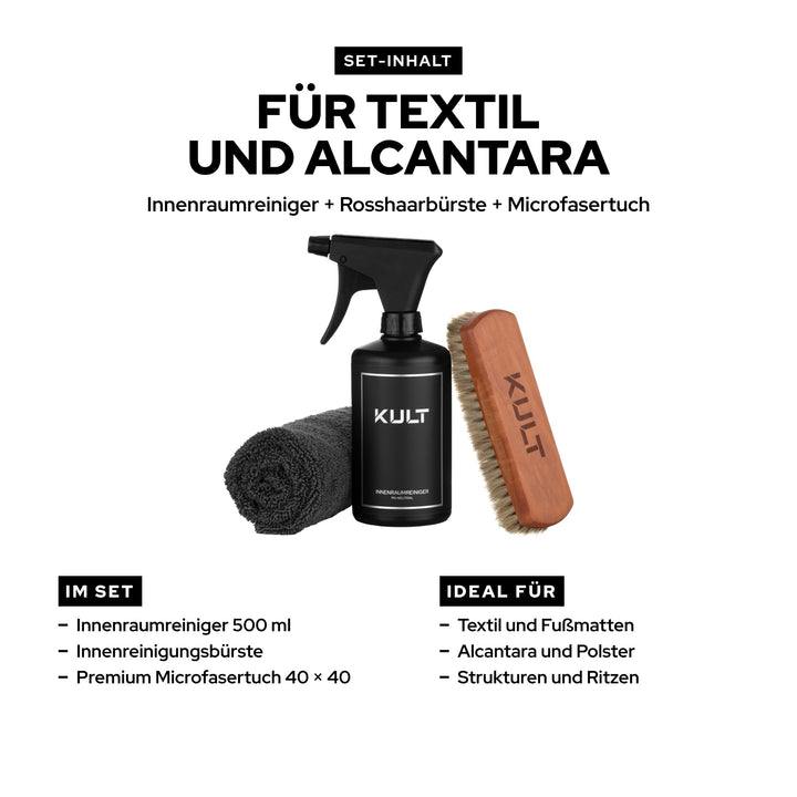 Inhalt KULT Innenraum Reiniger + Bürste Set: Innenraumreiniger 500 ml, Innenreinigungsbürste aus Rosshaar, Microfasertuch