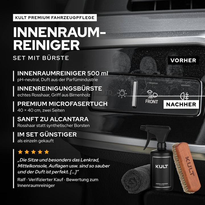KULT Auto Innenraum Reiniger + Bürste Set: Innenraumreiniger pH-neutral, Rosshaarbürste und Microfasertuch