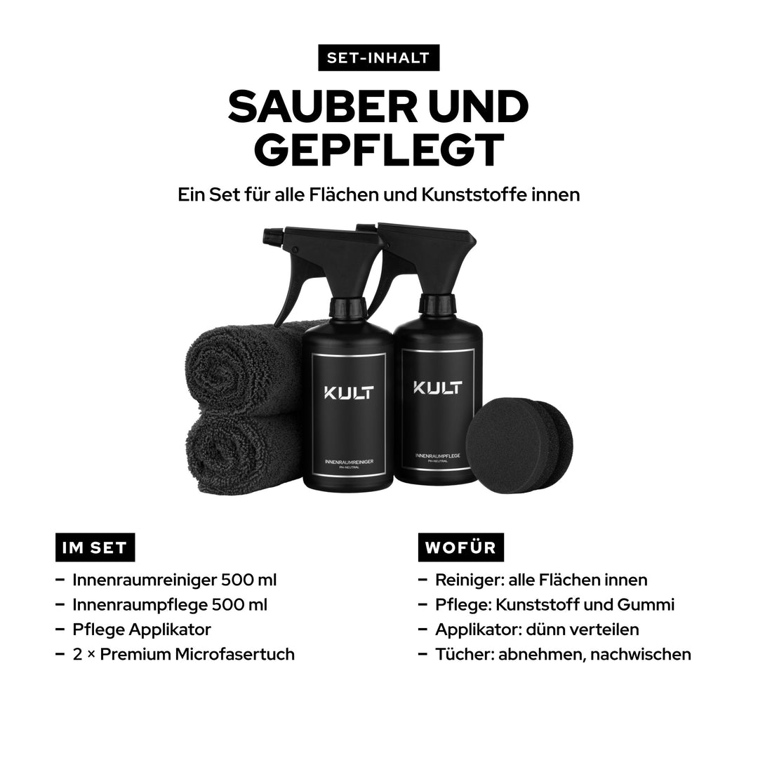 Inhalt KULT Innenraum Reiniger + Pflege Set: Innenraumreiniger und Innenraumpflege 500 ml, Applikator, zwei Microfasertücher