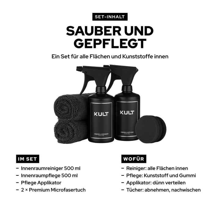 Inhalt KULT Innenraum Reiniger + Pflege Set: Innenraumreiniger und Innenraumpflege 500 ml, Applikator, zwei Microfasertücher