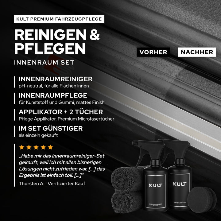 KULT Auto Innenraum Reiniger + Pflege Set: Innenraumreiniger, Innenraumpflege, Applikator und zwei Microfasertücher