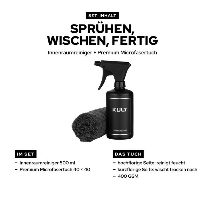 Inhalt KULT Auto Innenraum Reiniger Set: Innenraumreiniger 500 ml mit Sprühkopf und Premium Microfasertuch 40 × 40 cm