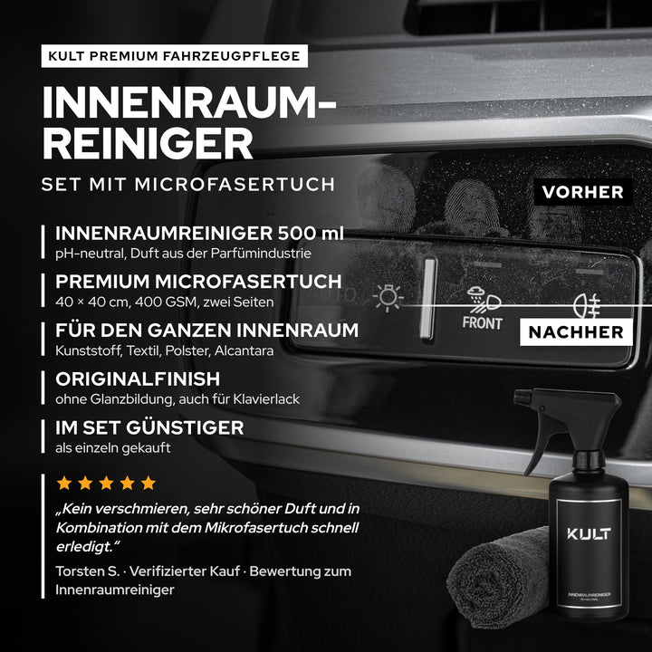 KULT Auto Innenraum Reiniger Set: Innenraumreiniger pH-neutral 500 ml und Premium Microfasertuch, im Set günstiger