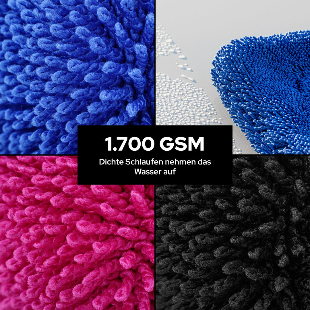 Nahaufnahme der dichten Schlaufen des KULT Auto Trockentuchs mit 1.700 GSM in Blau, Pink und Schwarz