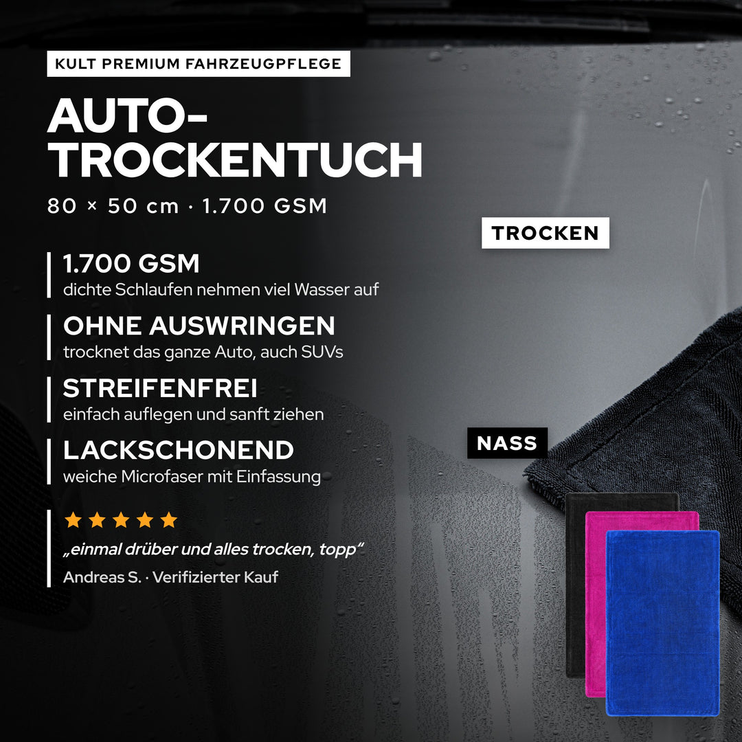 KULT Premium Auto Trockentuch 80 × 50 cm, 1.700 GSM: trocknet ohne Auswringen, mit echter Kundenbewertung