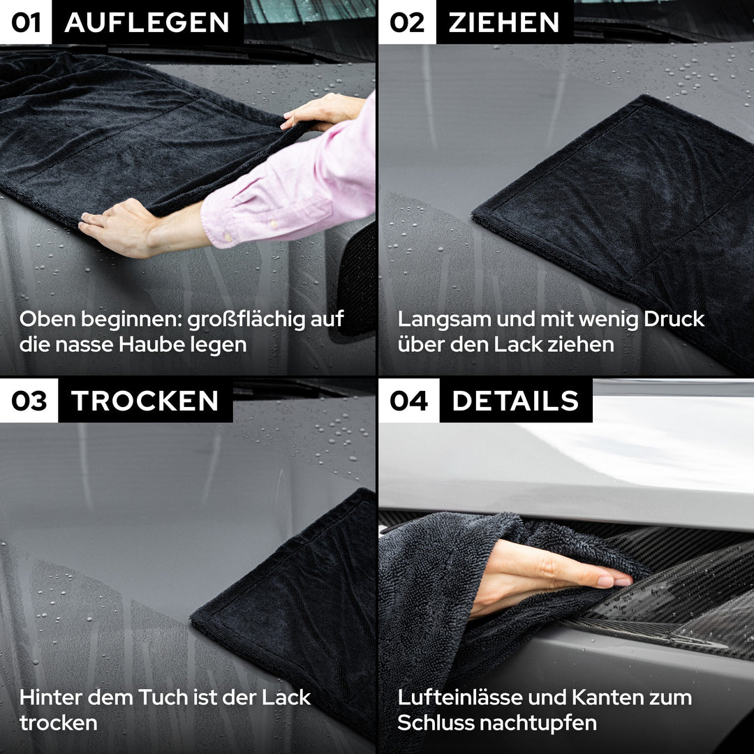 KULT Auto Trockentuch Anwendung an einem Auto: auflegen, langsam ziehen, trockener Lack, Lufteinlässe nachtupfen