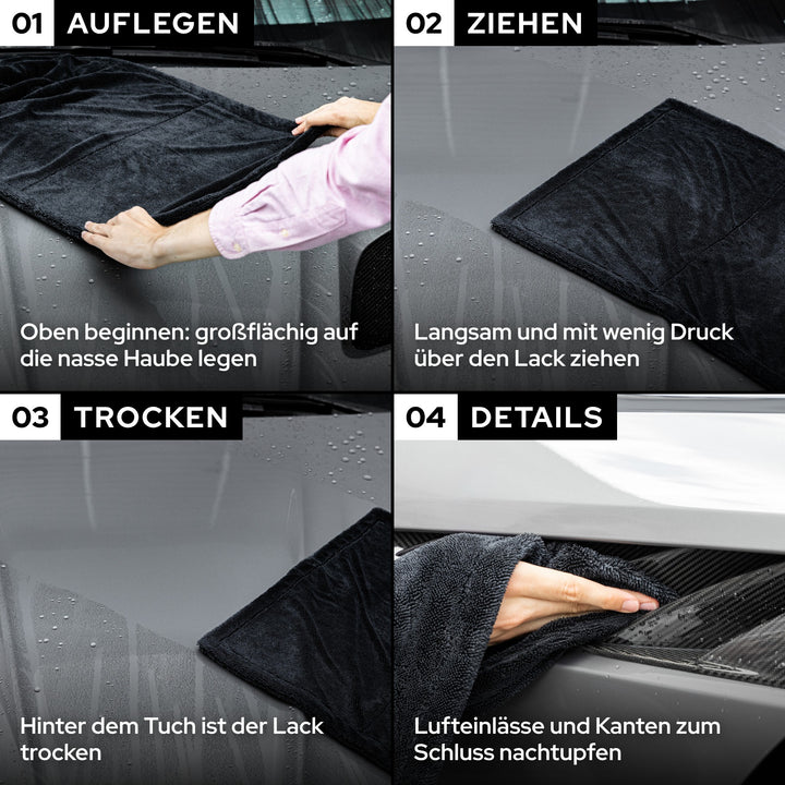 KULT Auto Trockentuch Anwendung an einem Auto: auflegen, langsam ziehen, trockener Lack, Lufteinlässe nachtupfen