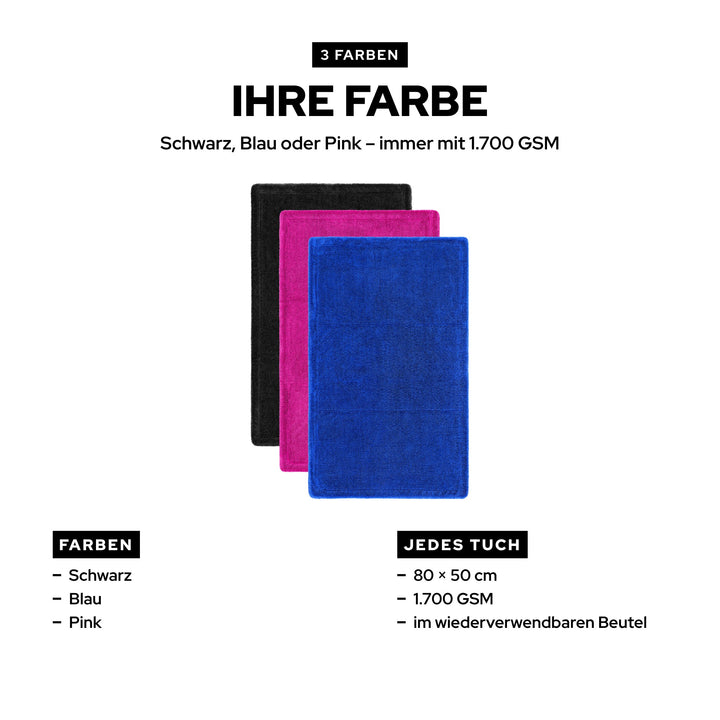 KULT Premium Auto Trockentuch in Schwarz, Blau und Pink, jeweils 80 × 50 cm mit 1.700 GSM