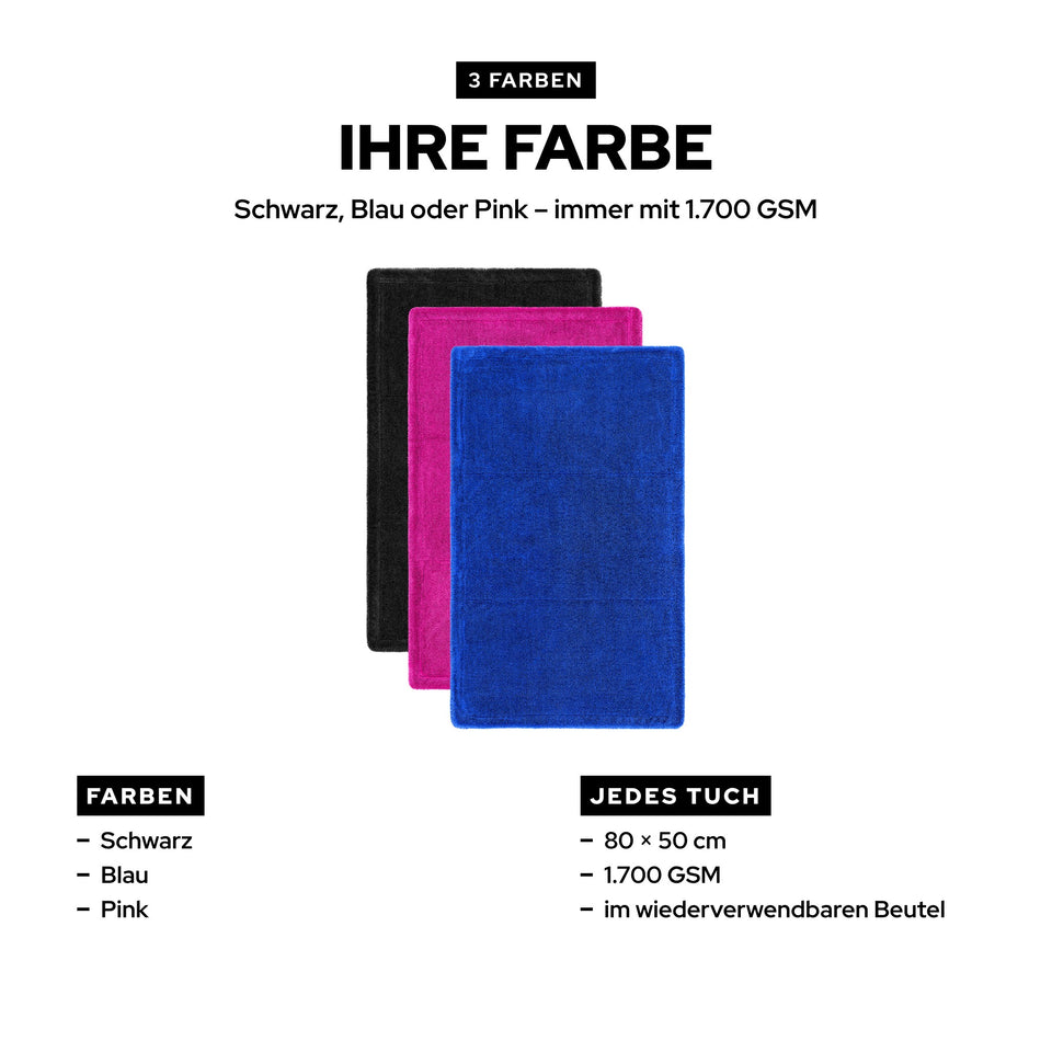 KULT Premium Auto Trockentuch in Schwarz, Blau und Pink, jeweils 80 × 50 cm mit 1.700 GSM