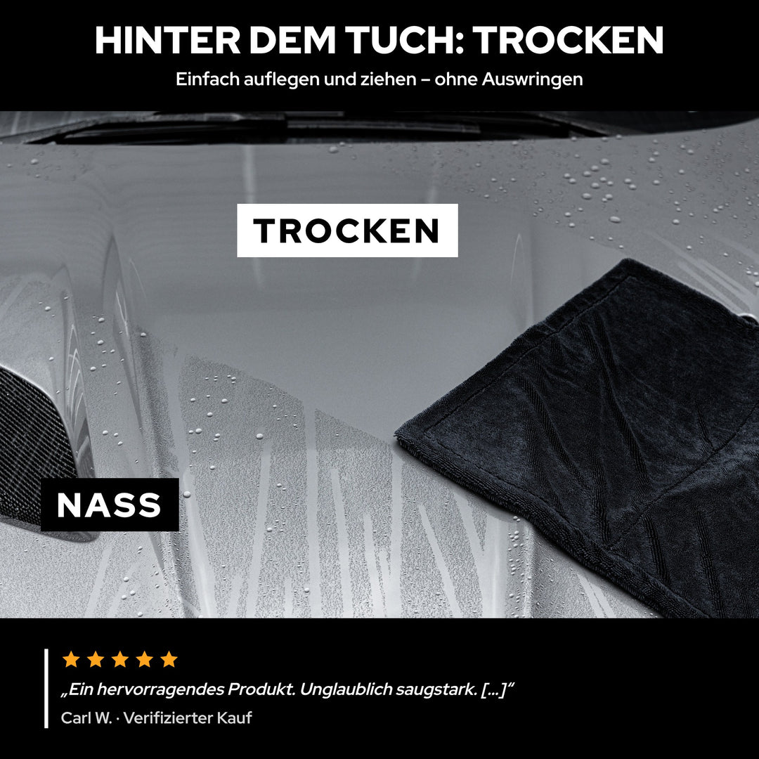 KULT Trockentuch auf nasser Motorhaube: hinter dem Tuch ist der Lack trocken, davor liegen noch Wassertropfen