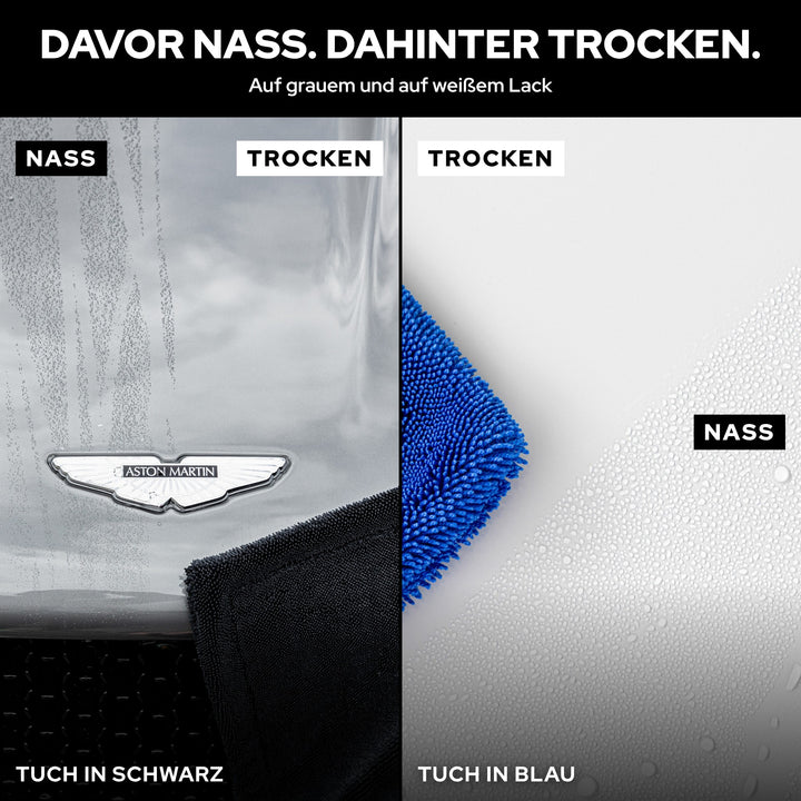 Vorher/Nachher mit dem KULT Trockentuch in Schwarz und Blau: nasse Tropfen neben trockenem Lack