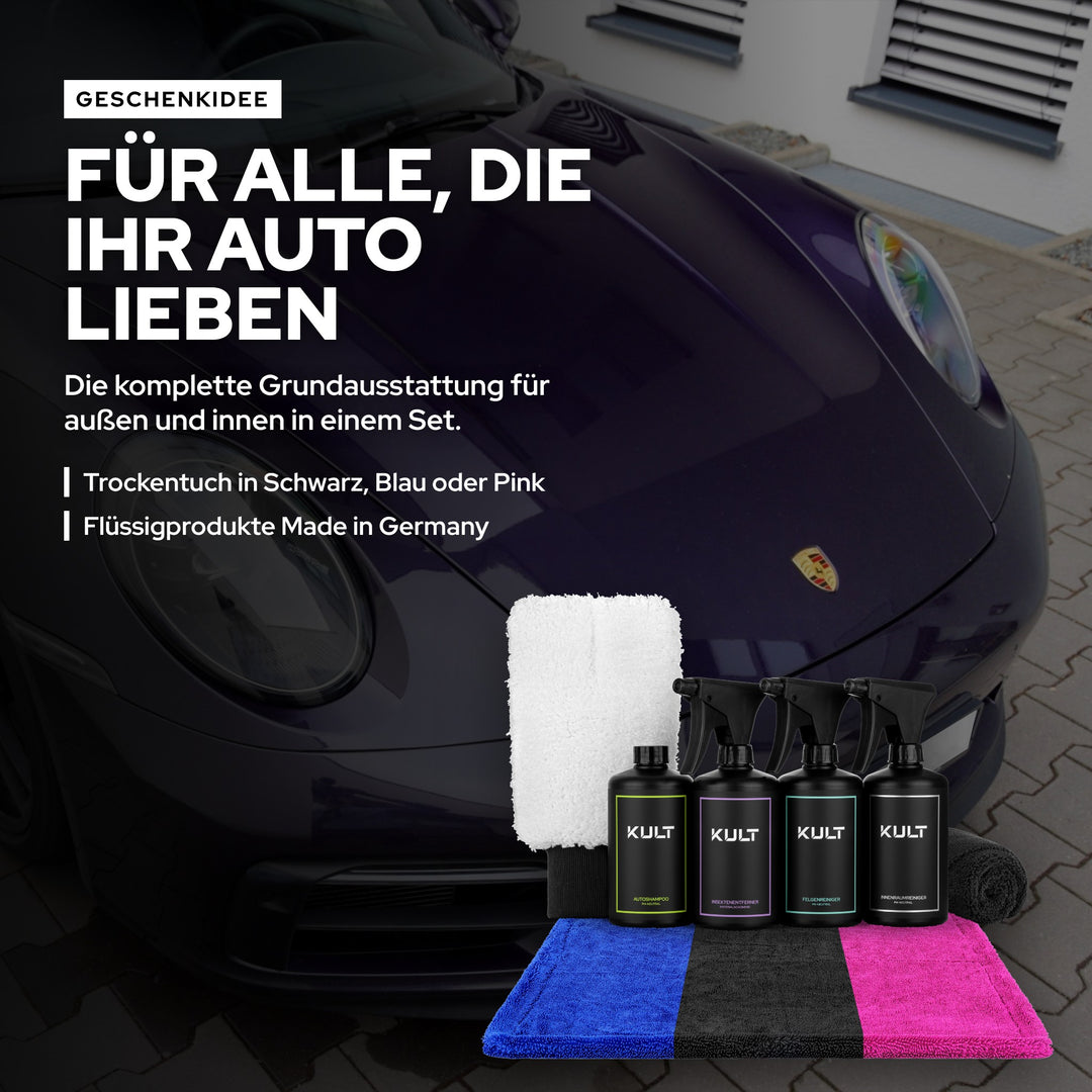 KULT Autopflege Essentials Set als Geschenk für Autoliebhaber, Trockentuch in Schwarz, Blau oder Pink