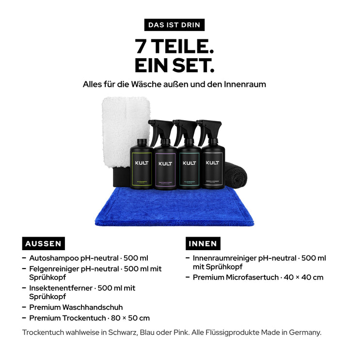 Inhalt KULT Essentials Set: Autoshampoo, Felgenreiniger, Insektenentferner, Innenraumreiniger, Waschhandschuh und Tücher