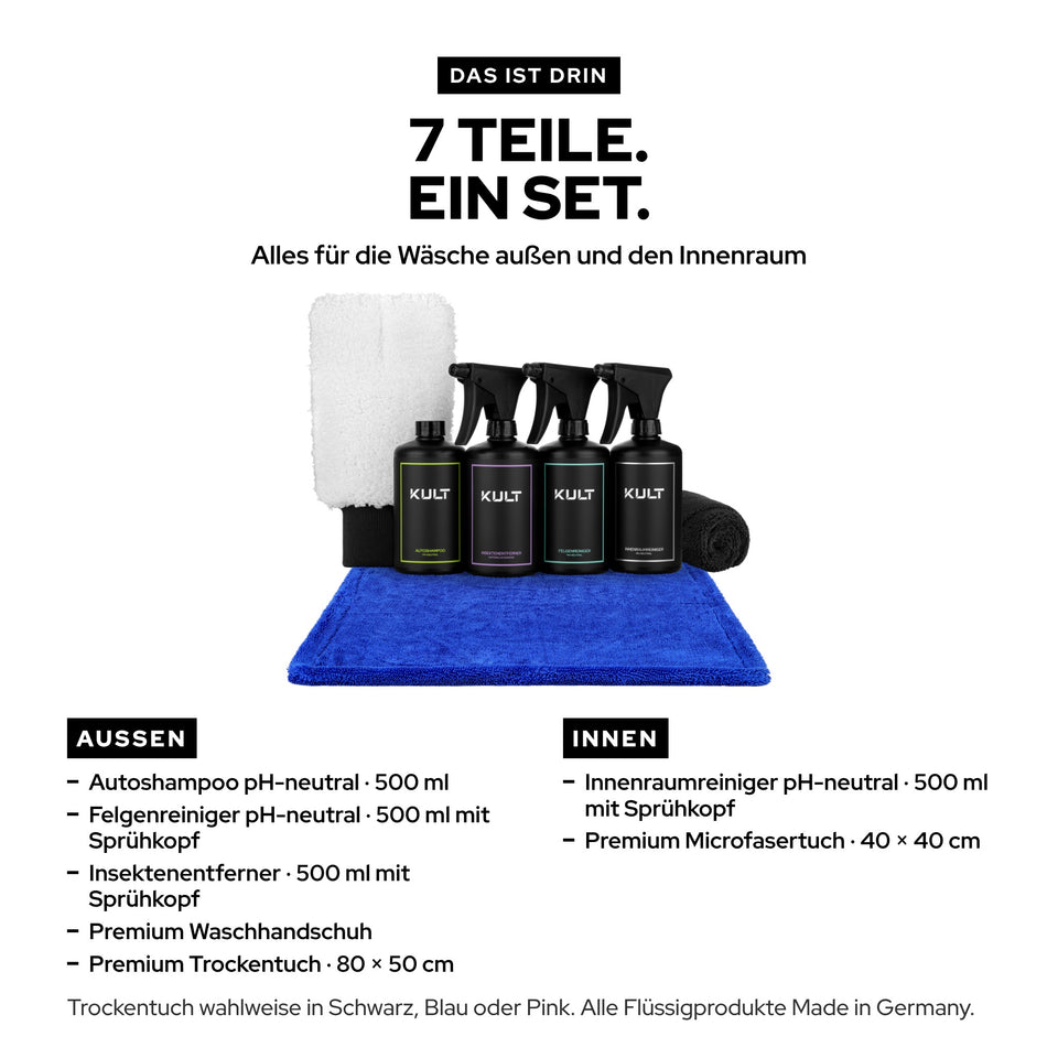 Erklärbild Autopflege Essentials Set: sieben Teile für außen und innen, Autoshampoo, Felgenreiniger, Insektenentferner, Waschhandschuh, Trockentuch, Innenraumreiniger und Mikrofasertuch
