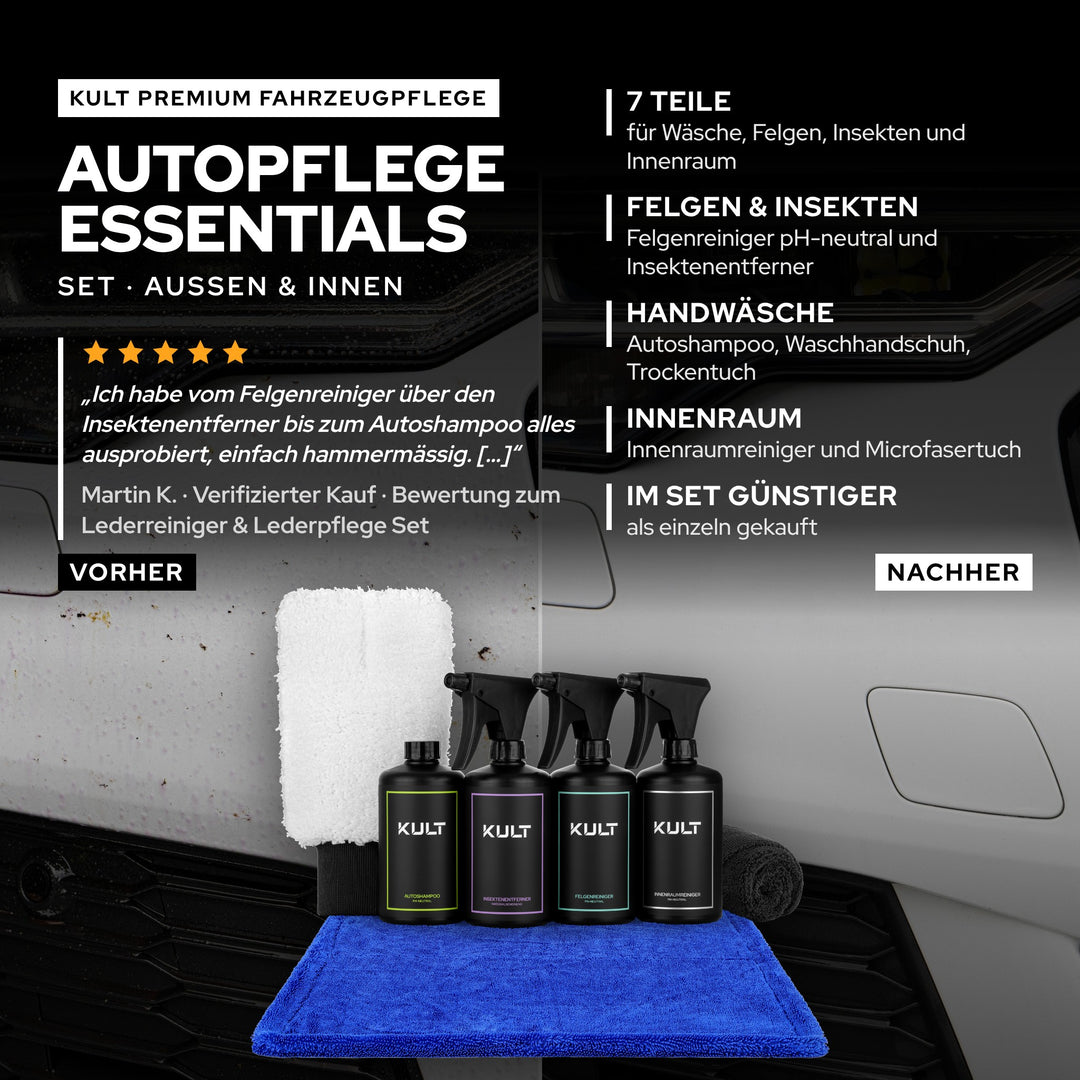 KULT Autopflege Essentials Set: 7 Teile für Handwäsche, Felgen, Insekten und Innenraum, im Set günstiger als einzeln