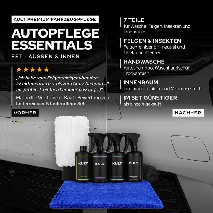KULT Autopflege Essentials Set: 7 Teile für Handwäsche, Felgen, Insekten und Innenraum, im Set günstiger als einzeln