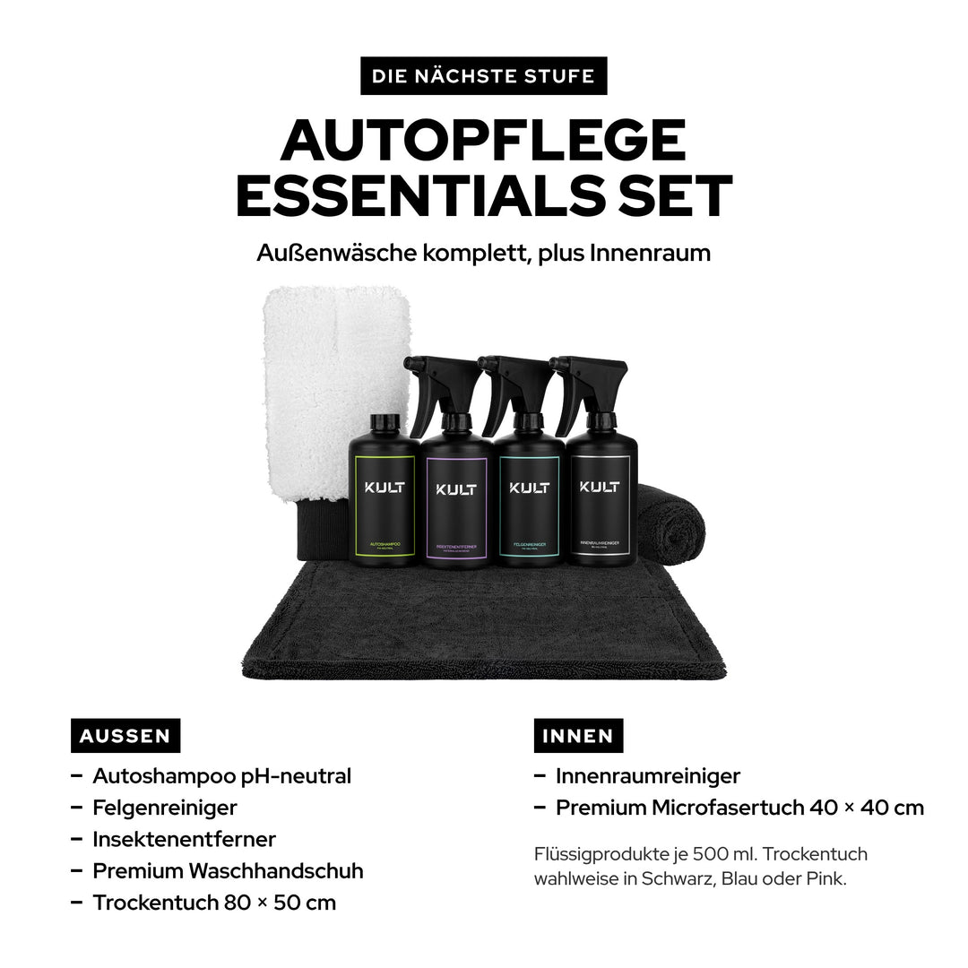 KULT Autopflege Essentials Set mit Autoshampoo, Felgenreiniger, Insektenentferner, Innenraumreiniger und Tüchern