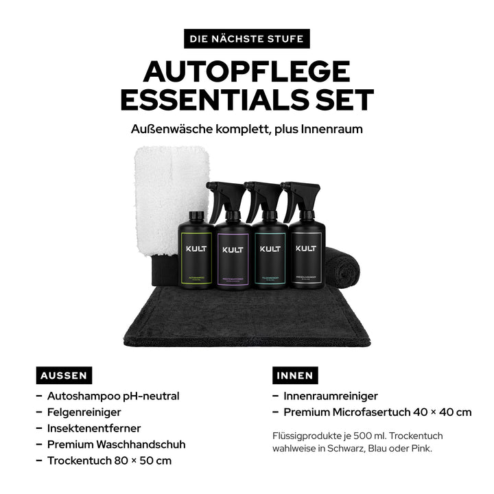 KULT Autopflege Essentials Set mit Autoshampoo, Felgenreiniger, Insektenentferner, Innenraumreiniger und Tüchern