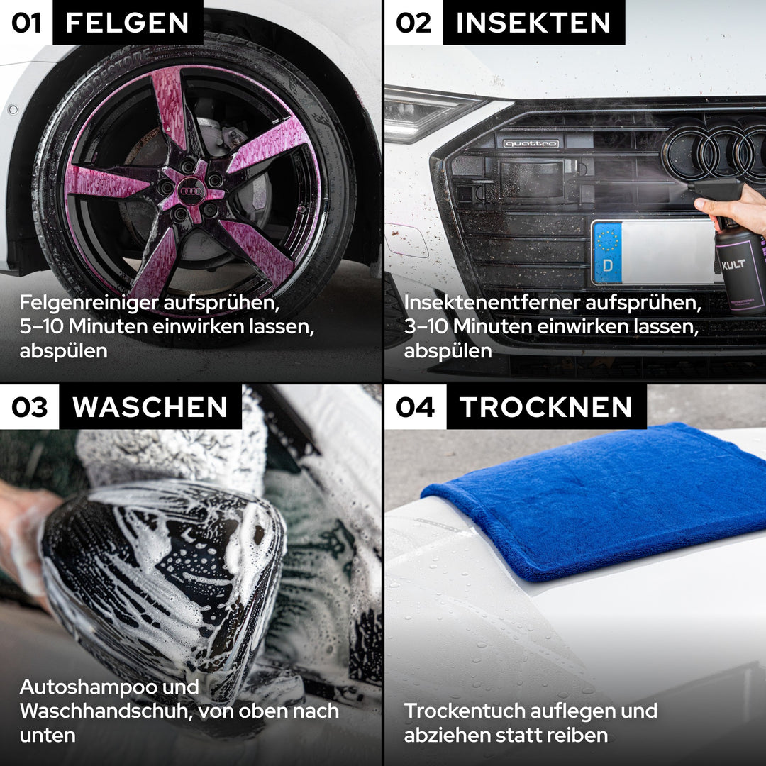 Autowäsche in 4 Schritten am selben weißen Kombi: Felgen, Insekten, Handwäsche mit KULT Autoshampoo, Trocknen mit Trockentuch