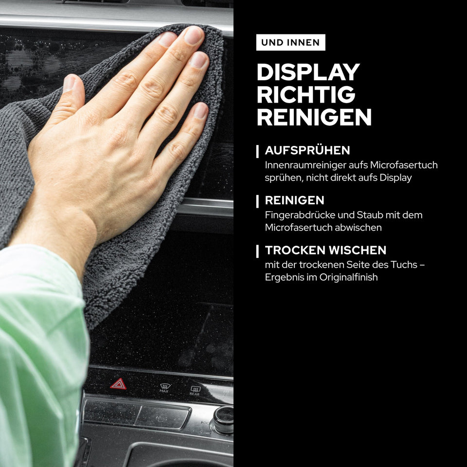 Display richtig reinigen: Innenraumreiniger aufs Mikrofasertuch sprühen, Fingerabdrücke und Staub abwischen und mit der trockenen Tuchseite nachwischen