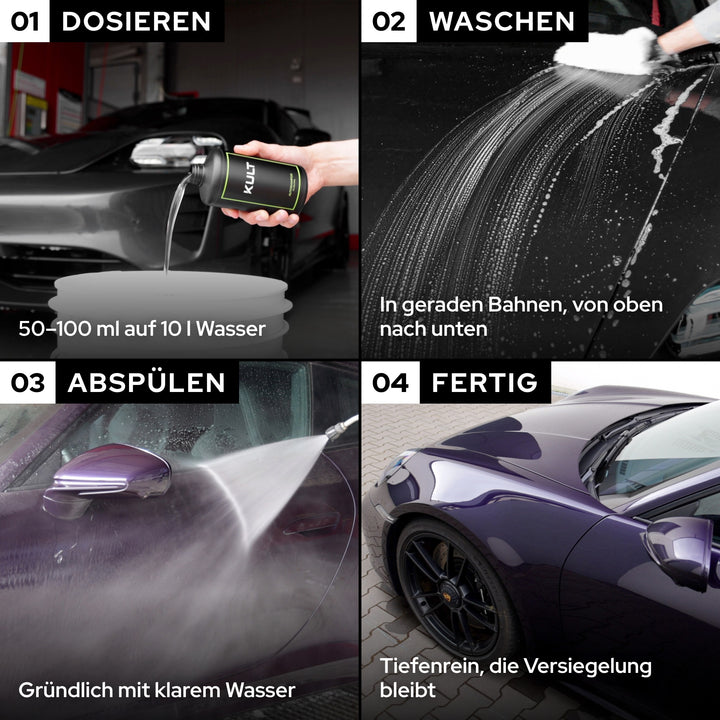 KULT Autoshampoo Anwendung in 4 Schritten: 50–100 ml auf 10 l Wasser dosieren, waschen, abspülen, fertig