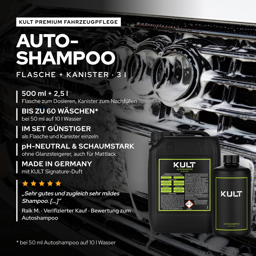 KULT Autoshampoo pH-neutral Set aus 500-ml-Flasche und 2,5-l-Kanister: bis zu 60 Wäschen, im Set günstiger