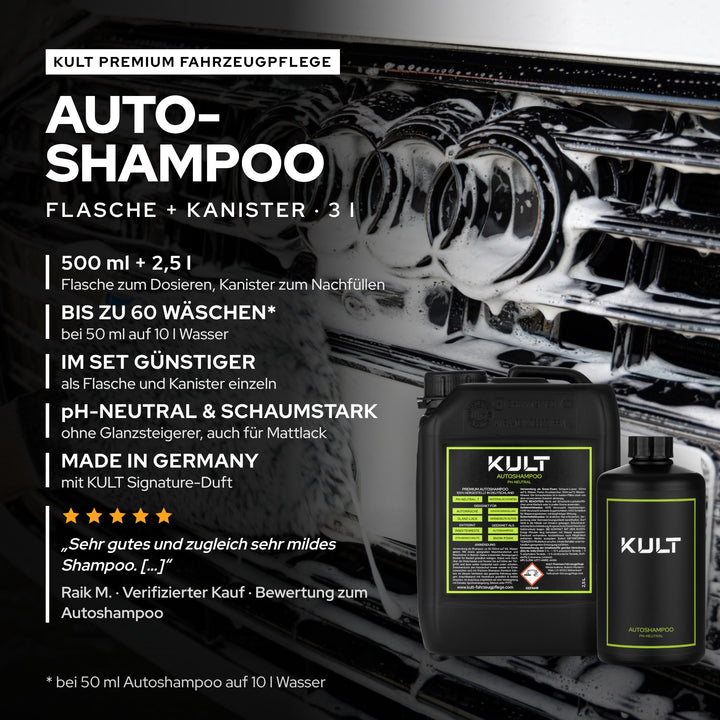 KULT Autoshampoo pH-neutral Set aus 500-ml-Flasche und 2,5-l-Kanister: bis zu 60 Wäschen, im Set günstiger