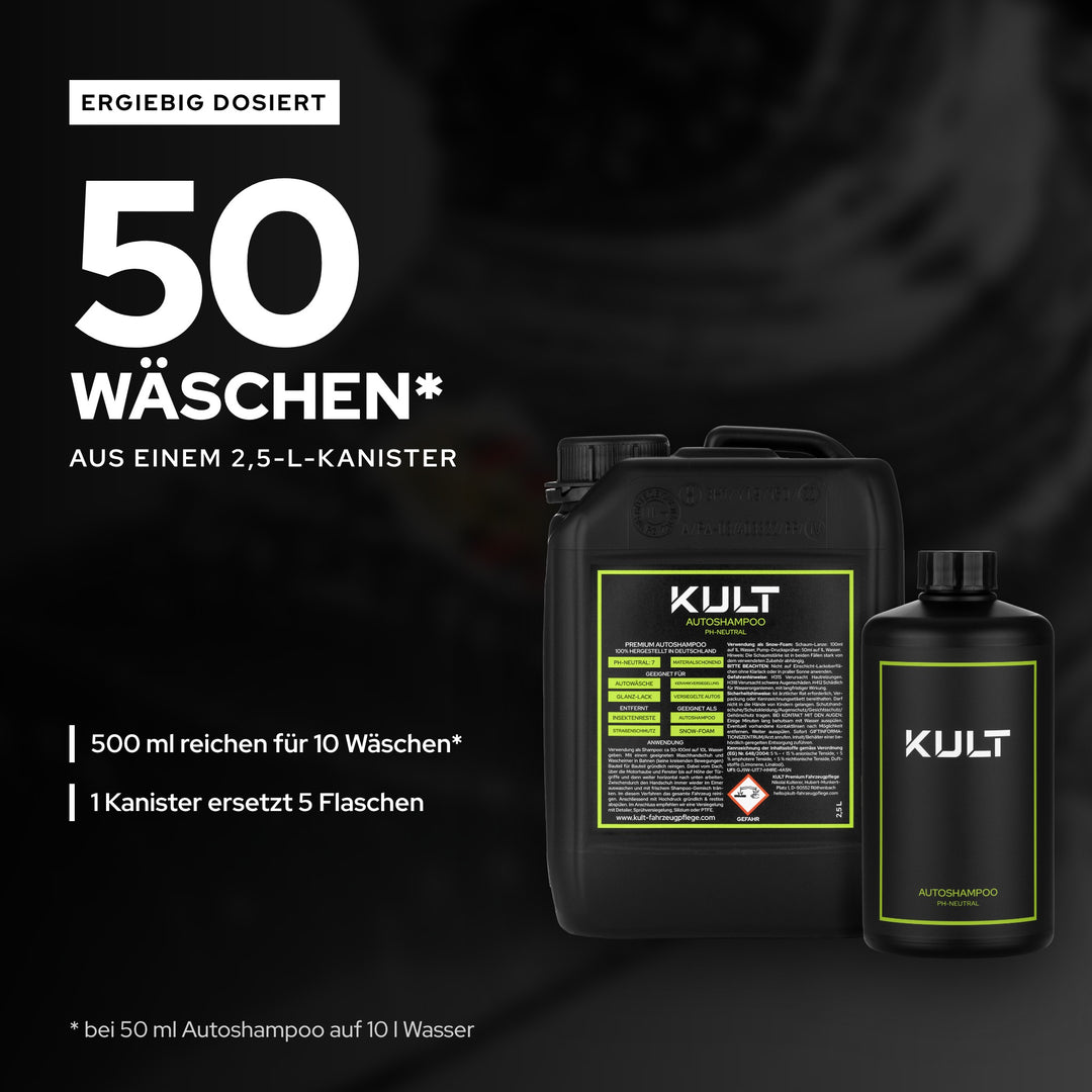 KULT Autoshampoo ergiebig: 2,5-l-Kanister für 50 Wäschen, 500 ml für 10 Wäschen (bei 50 ml auf 10 l Wasser)