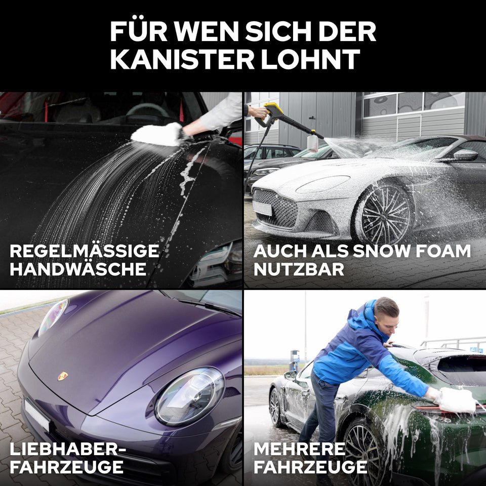 Vier Aufnahmen: regelmäßige Handwäsche, Snow Foam, Liebhaberfahrzeug und mehrere Fahrzeuge