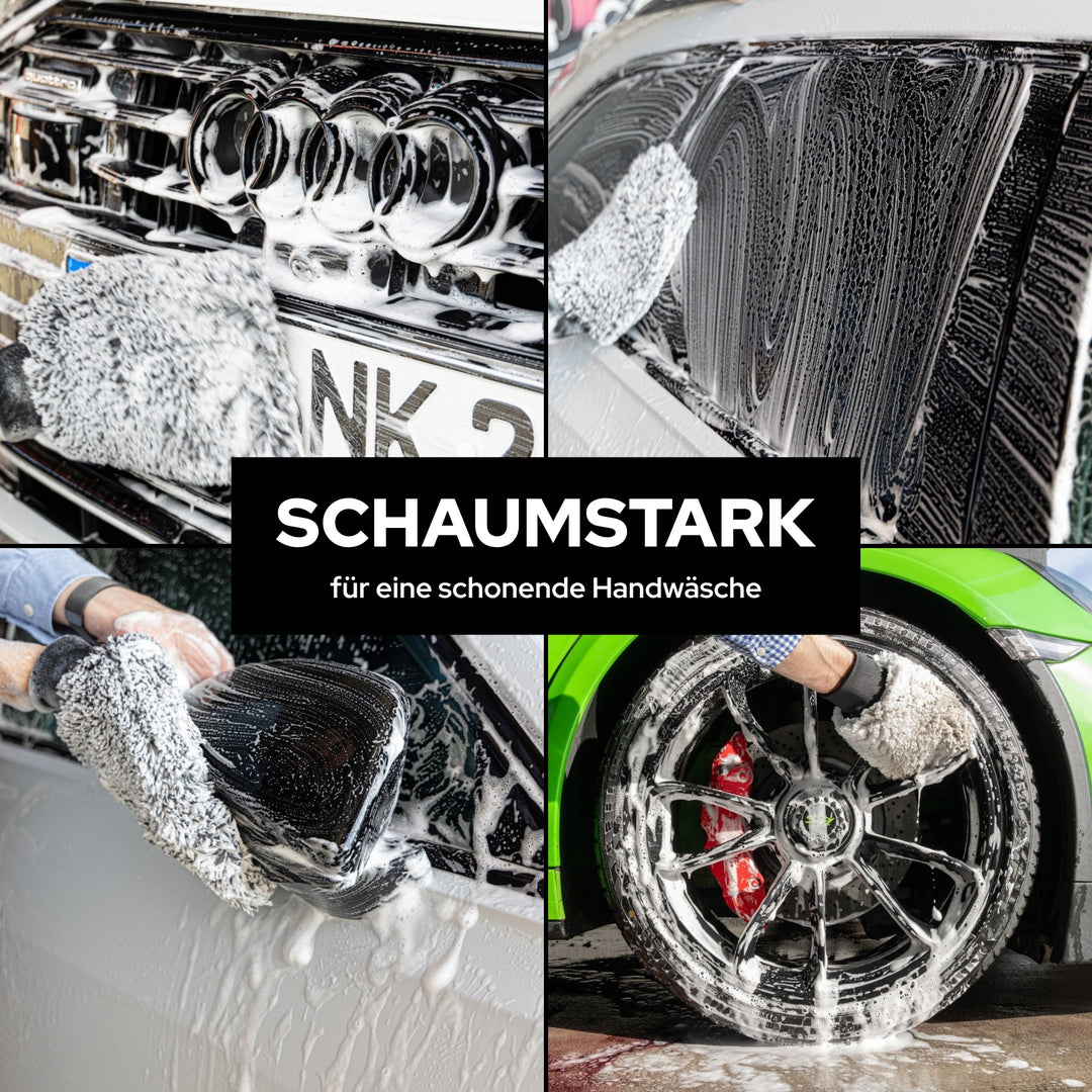KULT Autoshampoo schaumstark: Handwäsche mit Waschhandschuh an Kühlergrill, Seitenscheibe, Spiegel und Felge