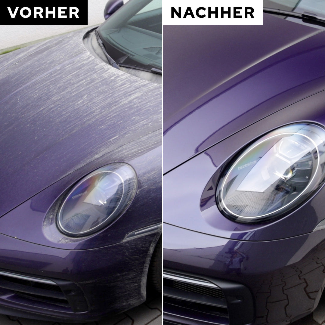 Vorher-Nachher: Sportwagen vor und nach der Handwäsche mit KULT Autoshampoo pH-neutral