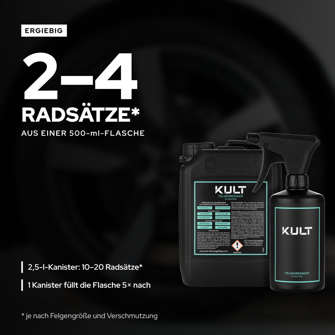 KULT Felgenreiniger ergiebig: 500 ml für 2–4 Radsätze, 2,5-l-Kanister für 10–20 Radsätze
