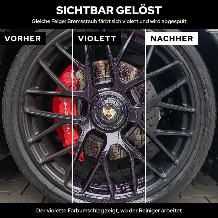 Eine Felge in drei Zuständen: vorher, violetter Farbumschlag mit KULT Felgenreiniger, nachher sauber