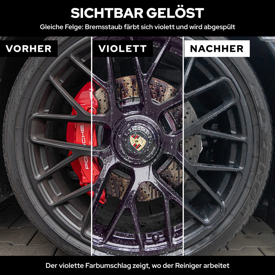 Dieselbe Felge in drei Zuständen: vorher, mit violettem Farbumschlag und nachher