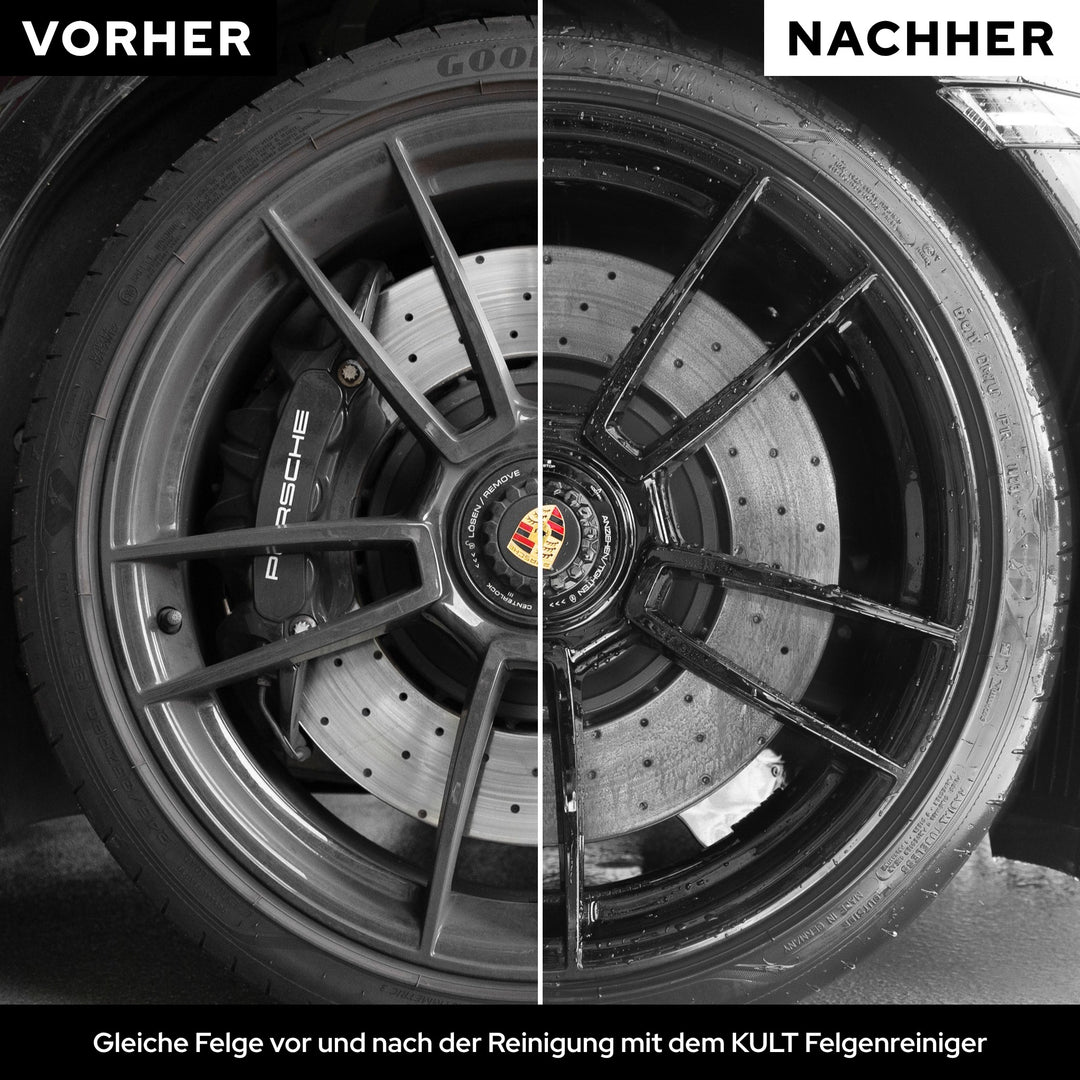 Vorher-Nachher an derselben Felge: links matter Bremsstaub, rechts tiefschwarz sauber mit KULT Felgenreiniger