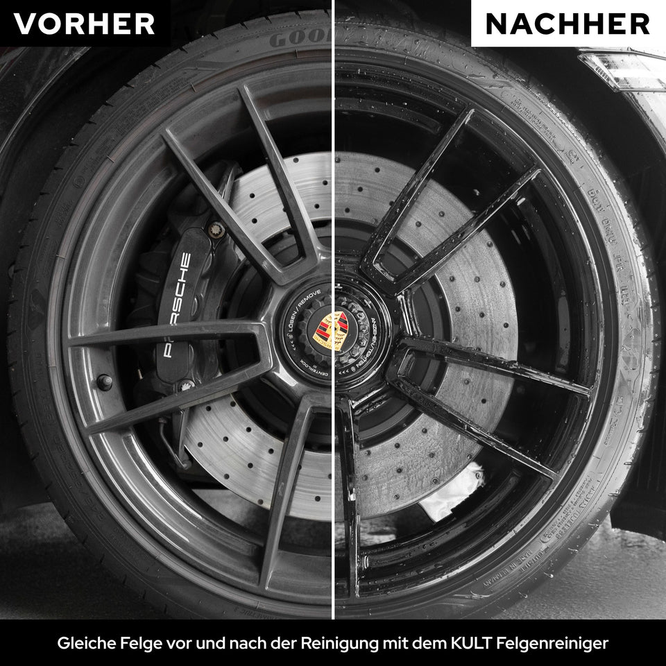 Dieselbe Felge vor und nach der Reinigung mit dem KULT Felgenreiniger