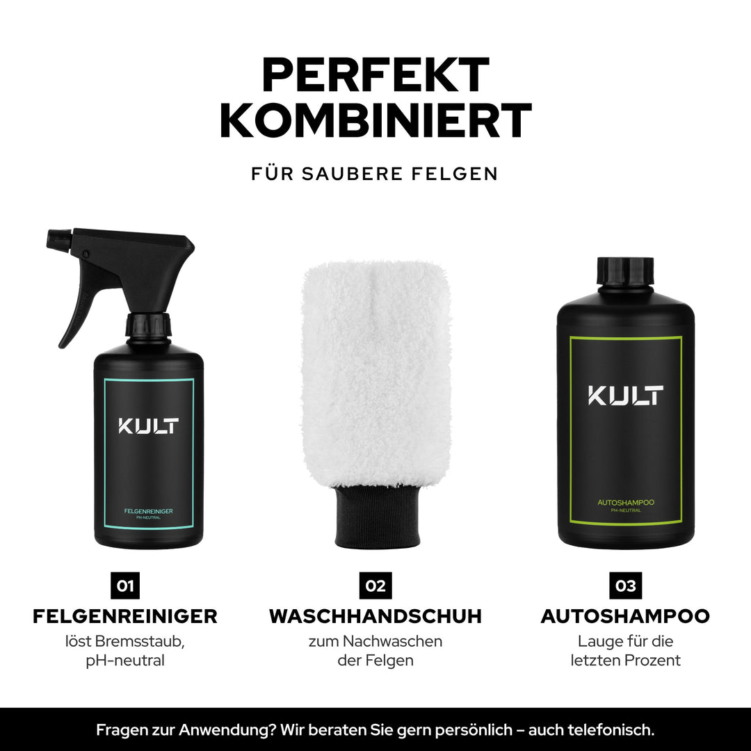 KULT Felgenreiniger mit Waschhandschuh und Autoshampoo: das Set für saubere Felgen