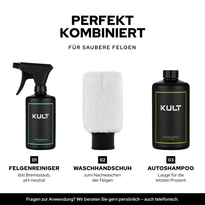 KULT Felgenreiniger mit Waschhandschuh und Autoshampoo: das Set für saubere Felgen
