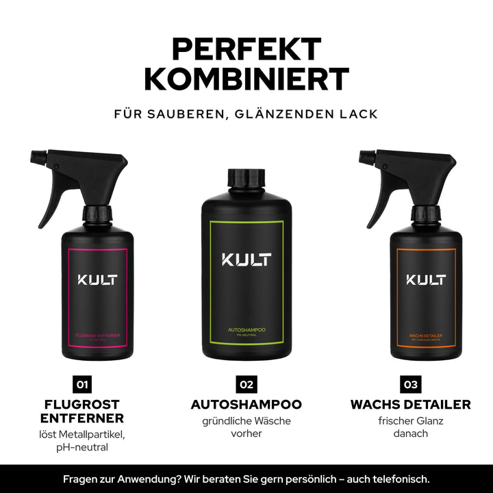 KULT Flugrost Entferner mit Autoshampoo und Wachs Detailer: waschen, Flugrost lösen, Glanz auffrischen