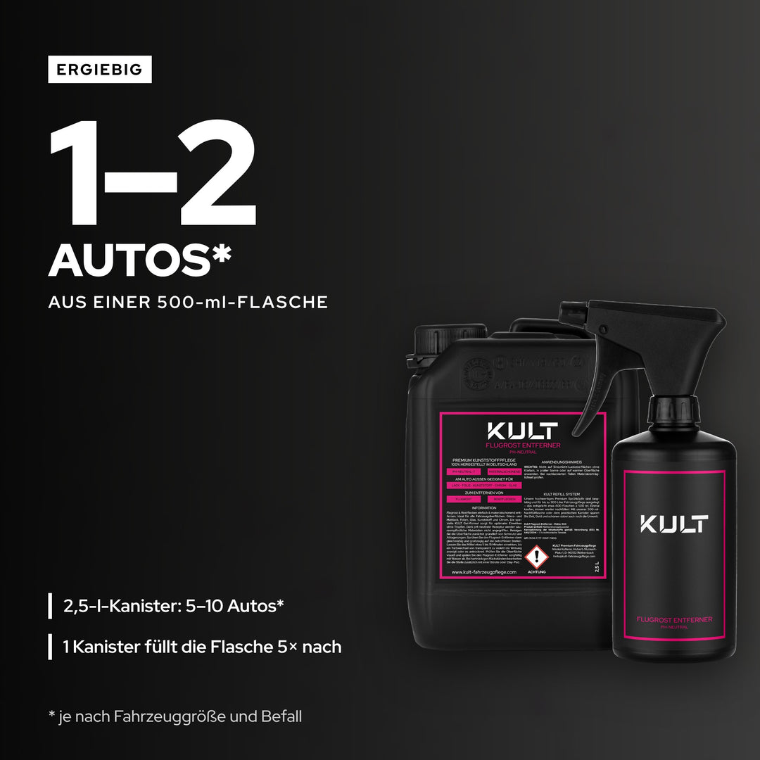 KULT Flugrost Entferner ergiebig: 500 ml für 1–2 Autos, 2,5-l-Kanister für 5–10 Autos