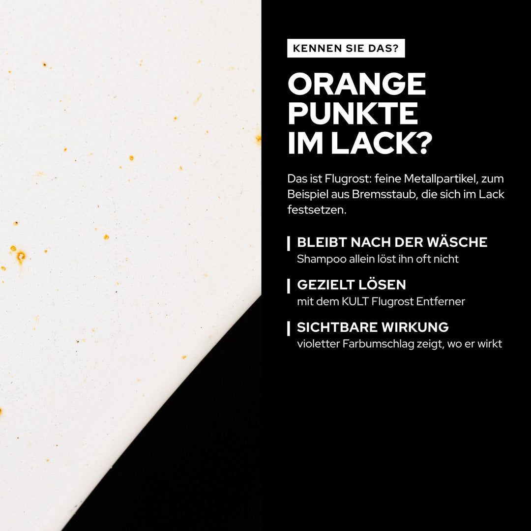Orange Punkte im weißen Lack: Flugrost aus Metallpartikeln, den der KULT Flugrost Entferner löst