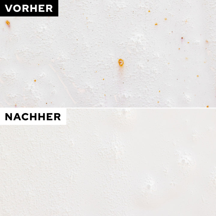 Vorher-Nachher: weißer Lack mit Flugrost-Punkten und danach sauber mit KULT Flugrost Entferner