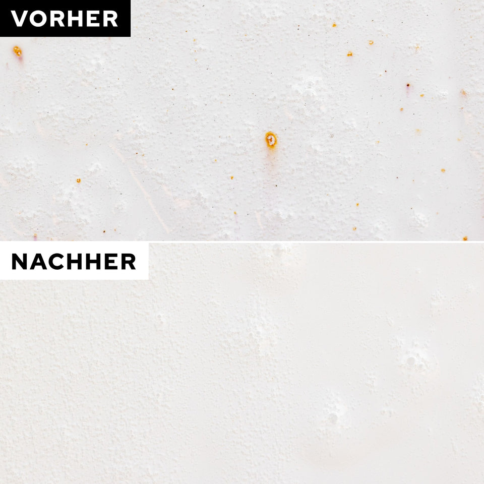 Heller Lack mit einem orangen Punkt vorher, darunter derselbe Lack nachher ohne Punkt