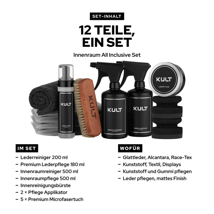 Inhalt KULT Innenraum All Inclusive Set: Leder- und Innenraumprodukte, Bürste, 2 Applikatoren, 5 Microfasertücher