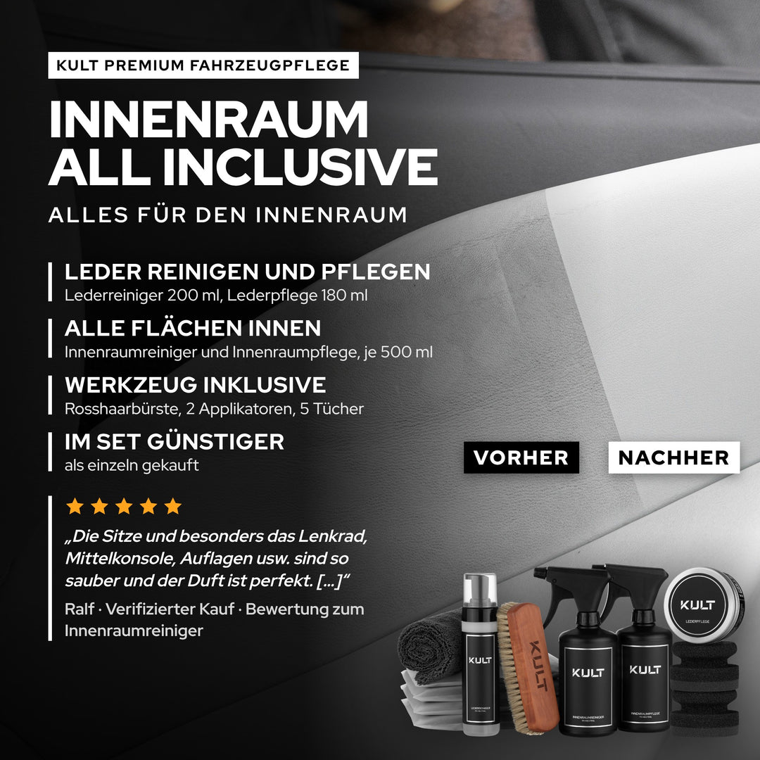 KULT Innenraum All Inclusive Set: Leder reinigen und pflegen, Innenraumreiniger, Innenraumpflege, Bürste und Tücher