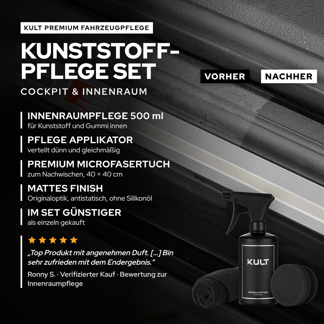 KULT Kunststoff- und Cockpitpflege Set: Innenraumpflege 500 ml, Pflege Applikator und Microfasertuch, mattes Finish