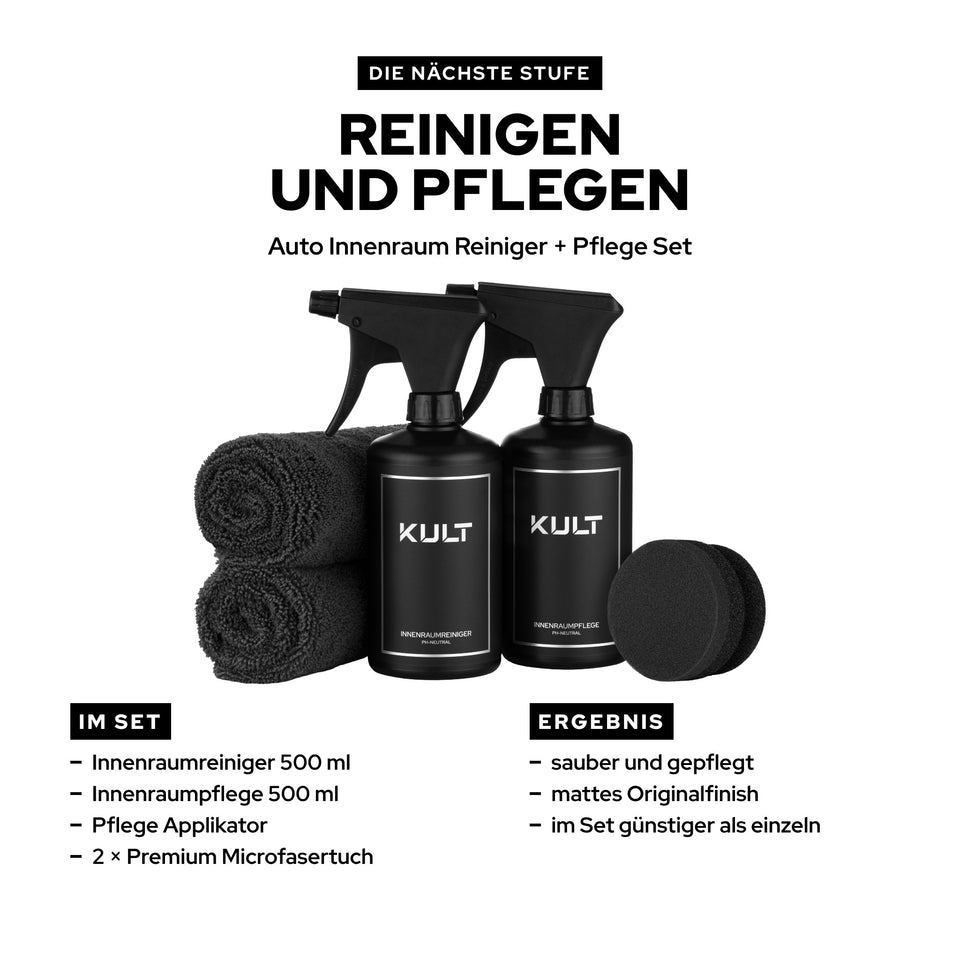 KULT Auto Innenraum Reiniger + Pflege Set mit Innenraumreiniger, Innenraumpflege, Applikator und zwei Microfasertüchern